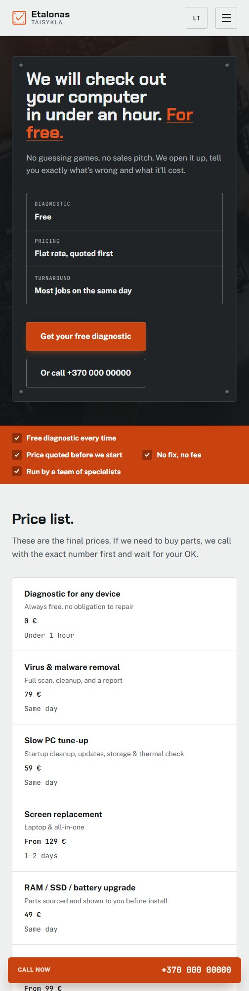 The Etalonas Taisykla website shown on a phone