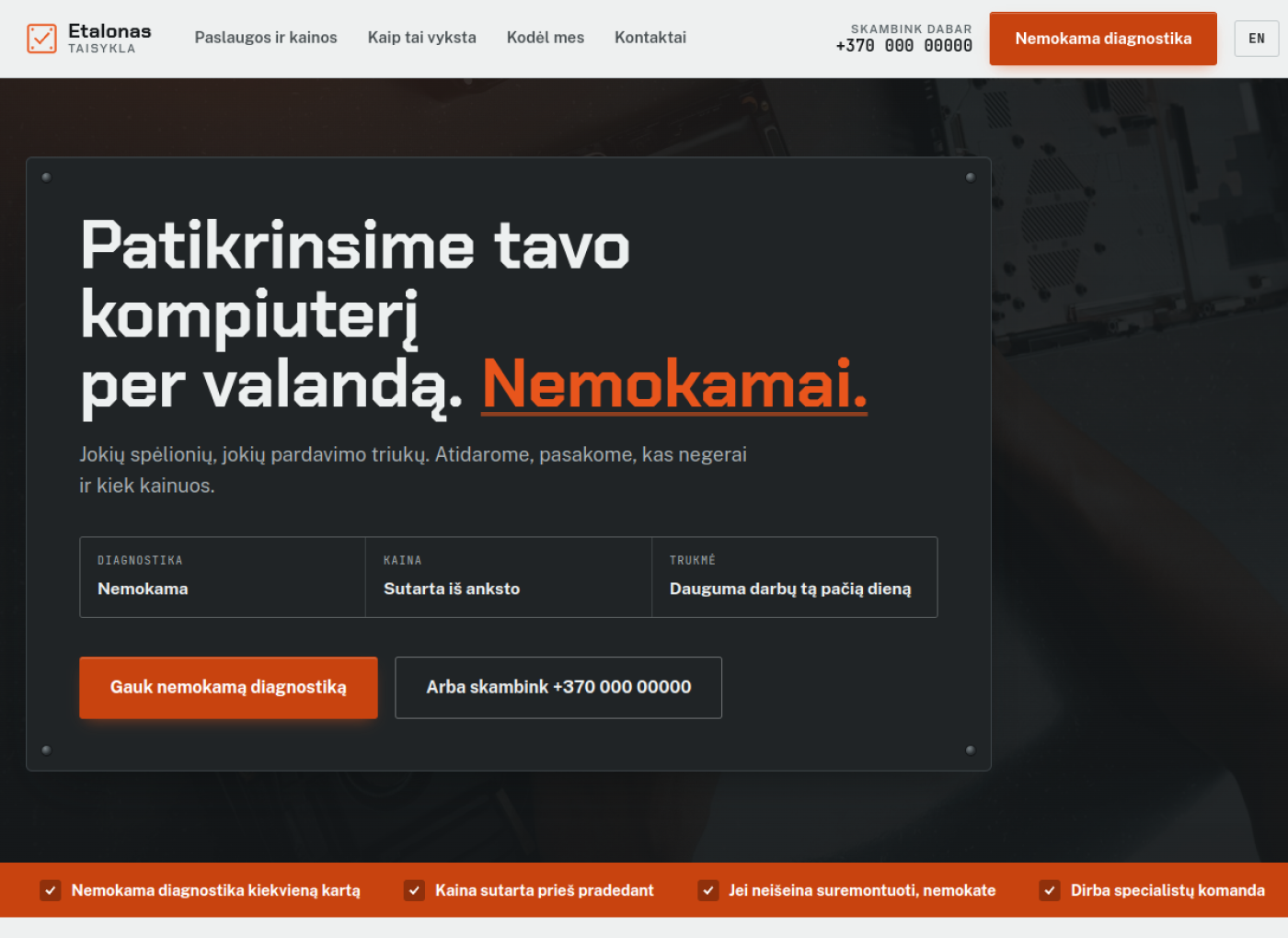 Screenshot of the Etalonas Taisykla website homepage