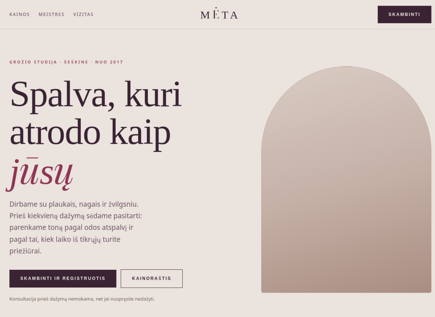 Screenshot of the MĖTA grožio studija website homepage