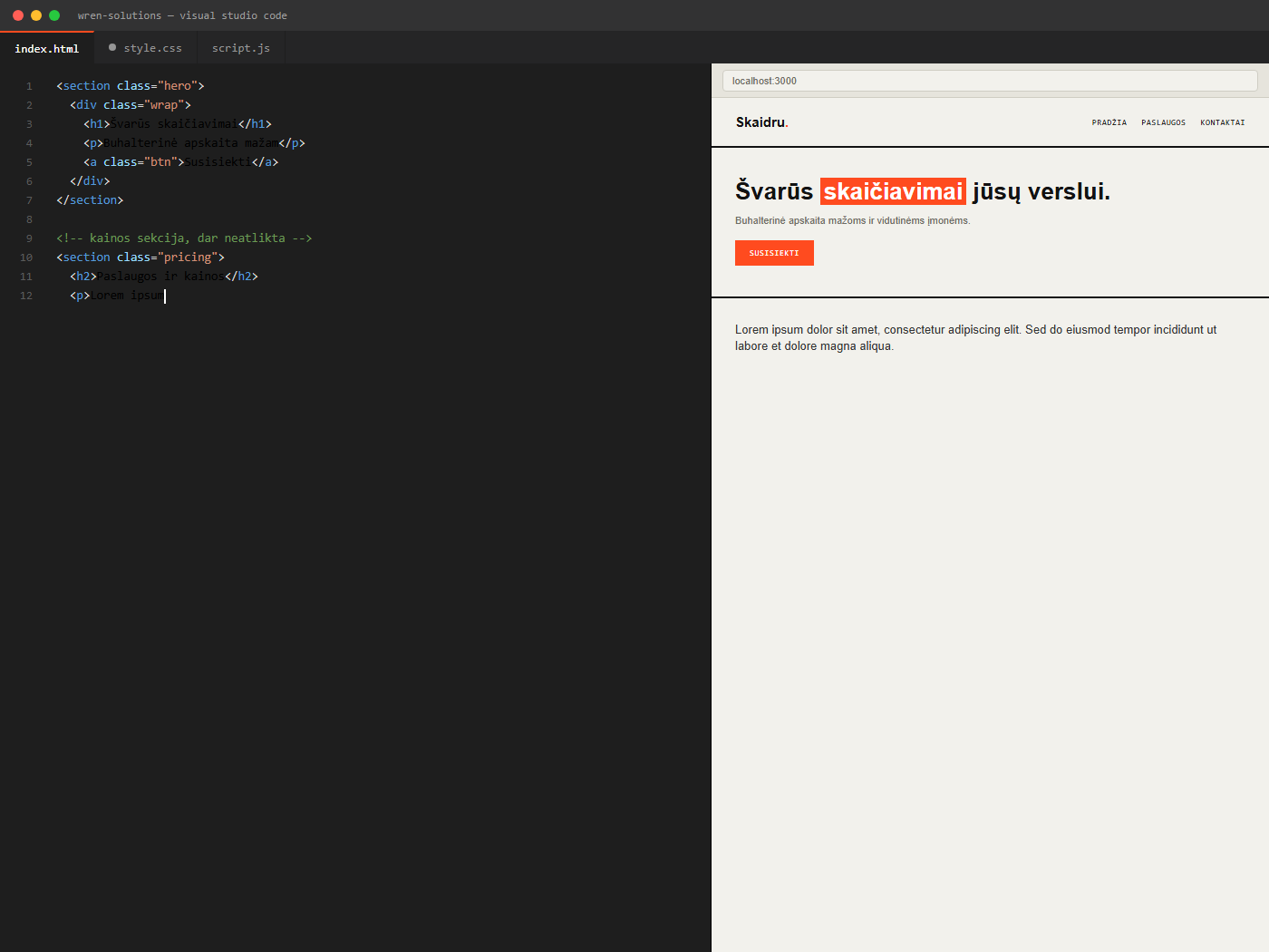 Code editor and live browser preview showing a custom website mid-build